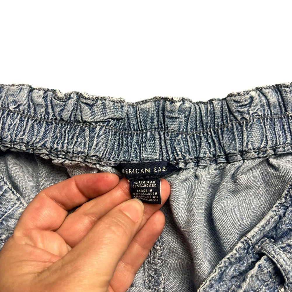 American Eagle Blue Wide Leg Cropped Pants Lyocell Elastic Waist Drawstring - Picture 4 of 10